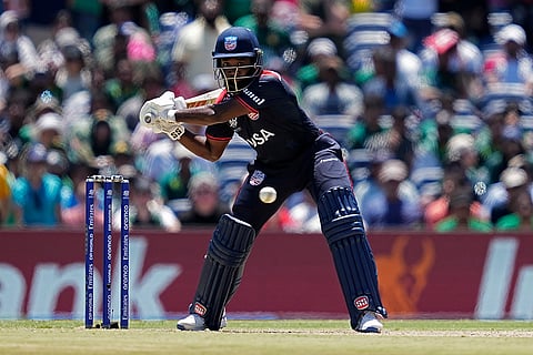 Aaron Jones plays a shot in super over against Pakistan